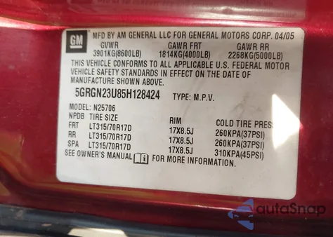 2005 Hummer H2 Suv from USA, damaged, VIN 5GRGN23U85H128424